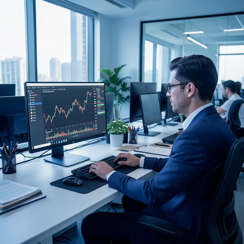 Modern ofis ortamında bilgisayar ekranında finansal grafikleri inceleyen bir analistin geniş açılı görünümü, mavi tonlarda aydınlatılmış profesyonel çalışma alanı