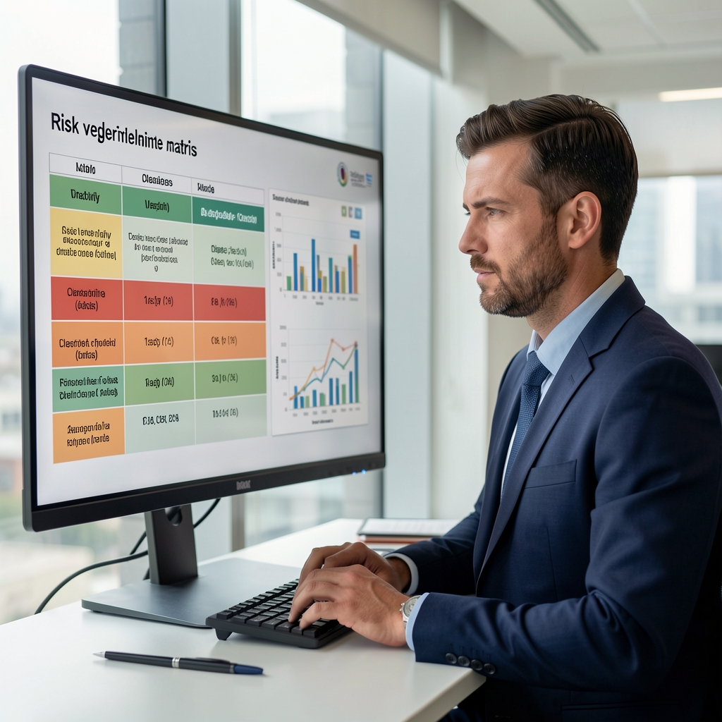 Risk değerlendirme matrisi ve olasılık grafikleri içeren dijital ekran önünde duran profesyonel risk analisti
